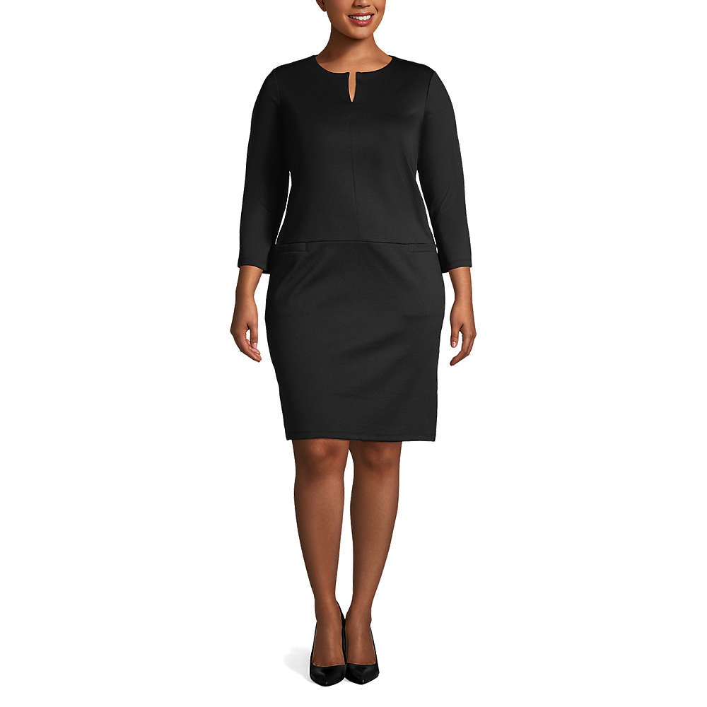 Women's Plus Size Ponte 3/4 Sleeve Split Neck Shift Dress, Front