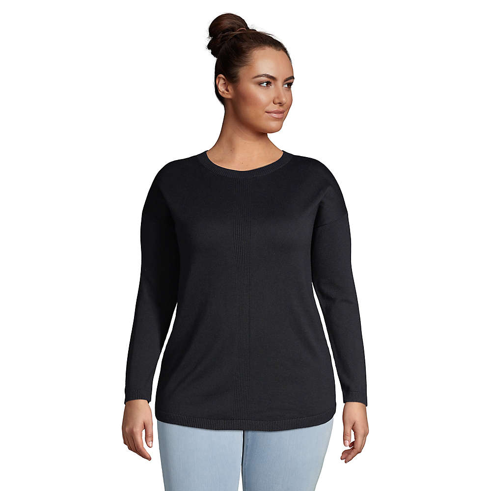 Women's Plus Size Cotton Modal Long Sleeve Rib Detail Dropped Shoulder Tunic Sweater, Front