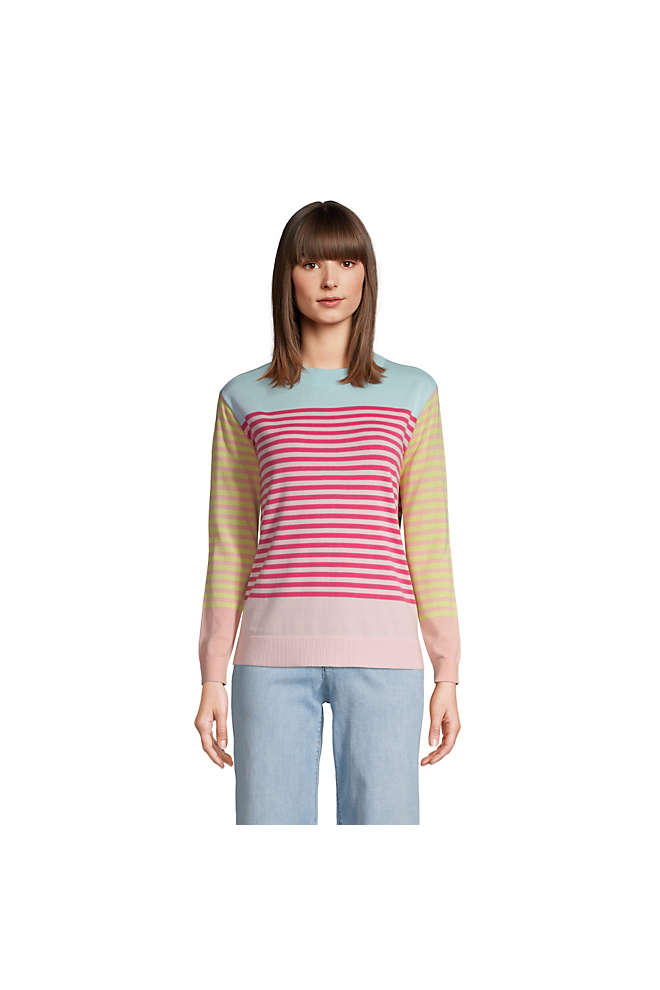 Women's Fine Gauge Cotton Crewneck Sweater - Founders Stripe, Front