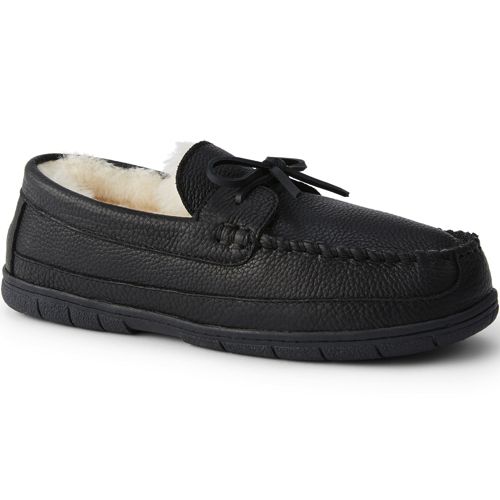 Men's Leather Moccasin Slippers with Shearling Lining | Lands' End