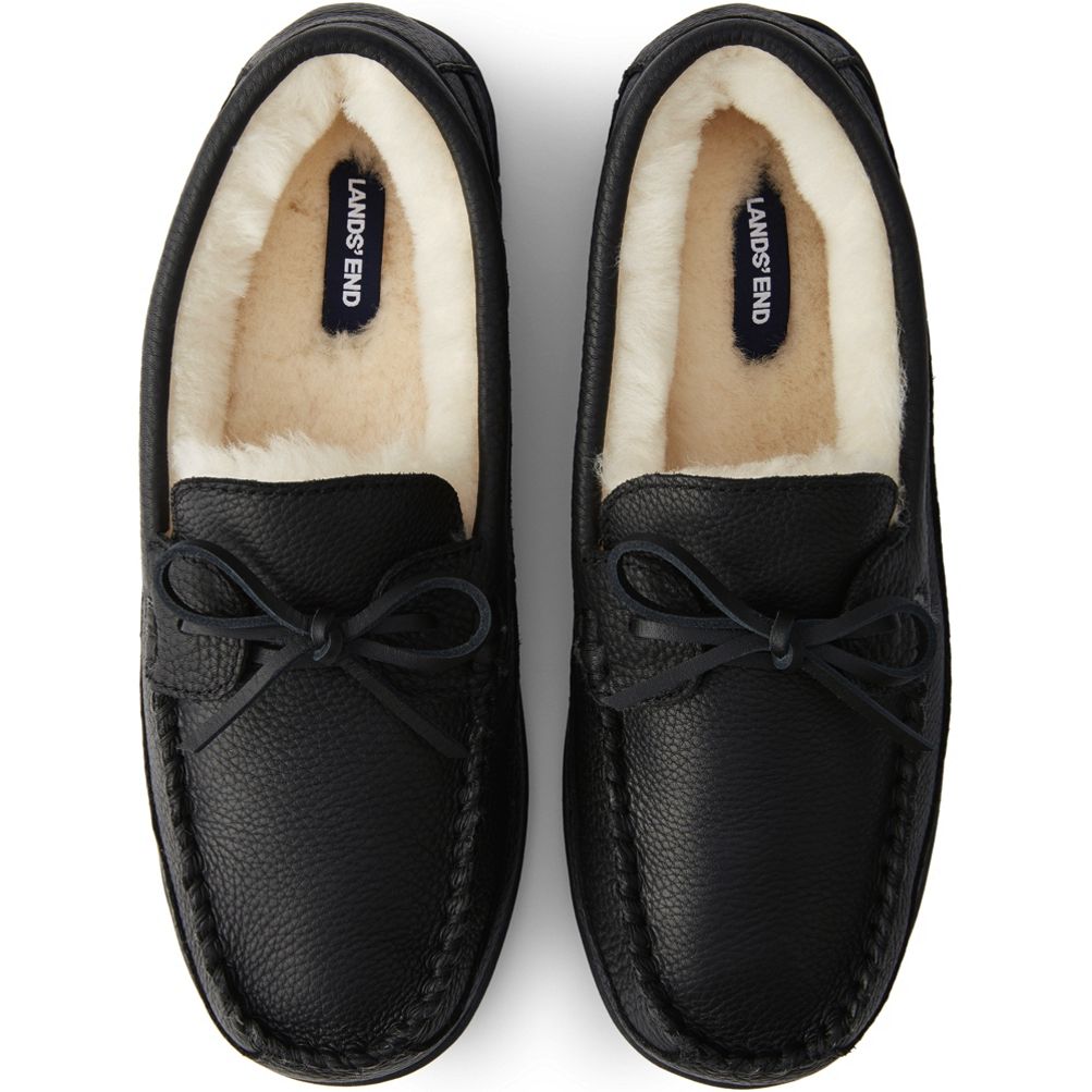 Men s Leather Fuzzy Shearling Moccasin Slippers Lands End