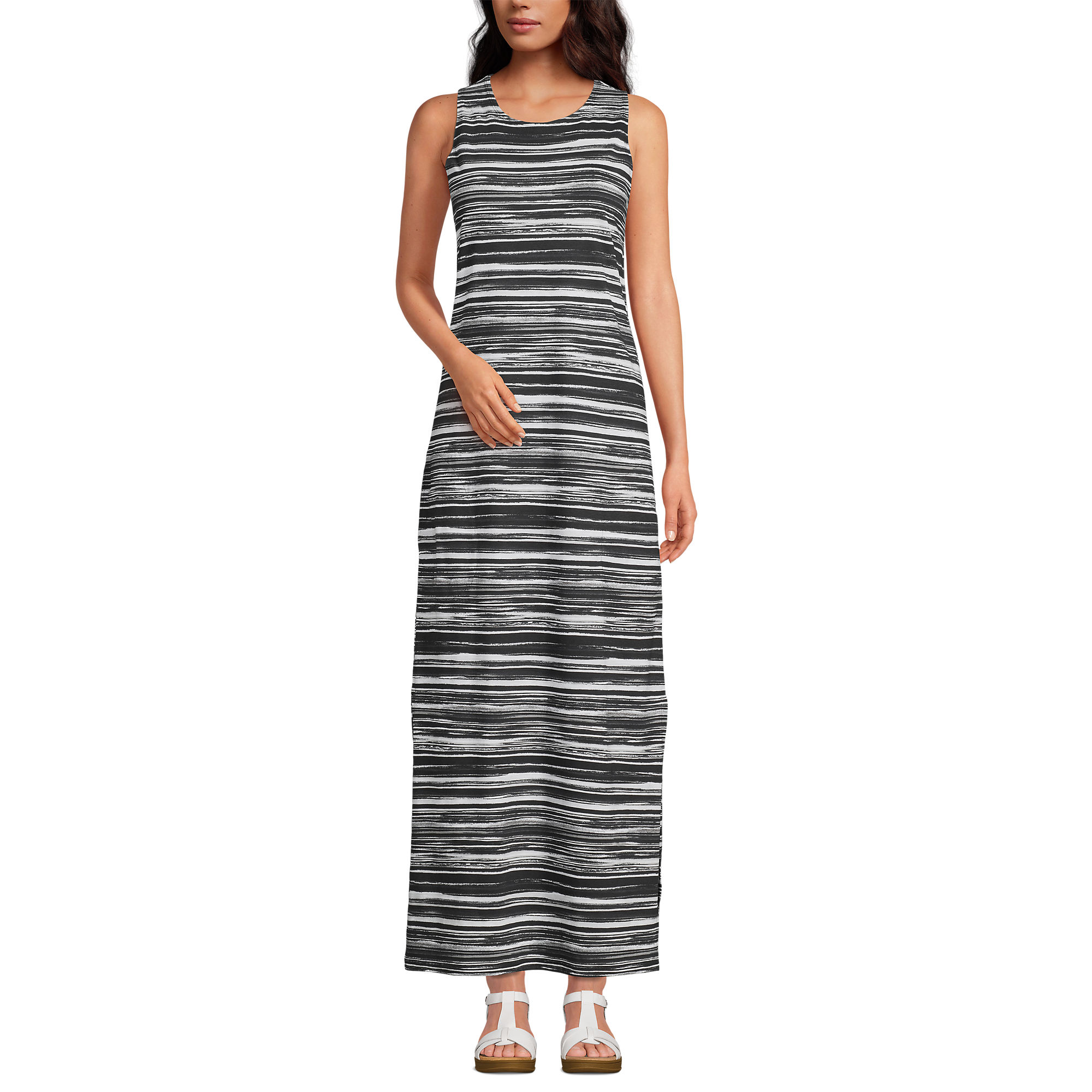 Lands End Women's Cotton Jersey Sleeveless Swim Cover-up Maxi Dress (Black/White Ombre)