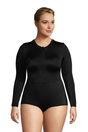 Women's Plus Size Chlorine Resistant Zip Front Sleeve Sporty One Piece Swimsuit | Lands' End