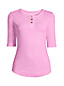 T-Shirt Henley en Coton Finement Côtelé Manches aux Coudes, Femme Stature Standard