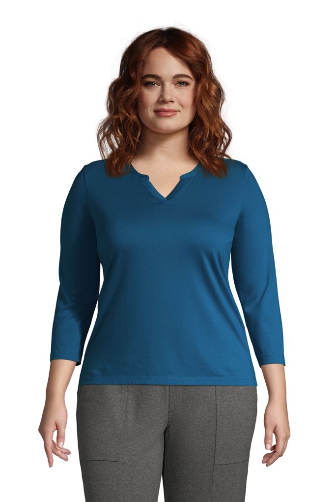 Lands Endwomens Plus Size Supima Cotton 34 Sleeve Split Neck Top Lands End Blue 1x 7529