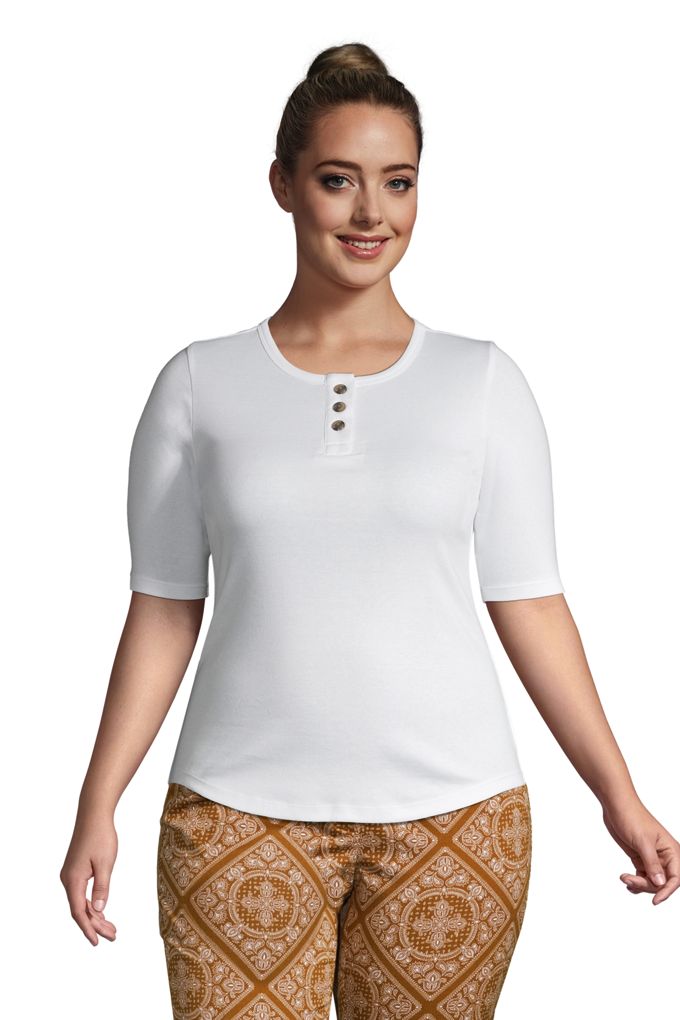 Lands' EndWomen's Plus Size All Cotton Elbow Sleeve Henley TShirt