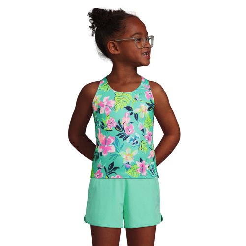 Lands End Swim Tank Top Girls 12+ Aqua Pattern Bathing Suit Ruffle Shelf Bra