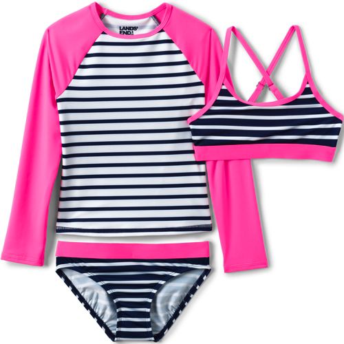 Girls Long Sleeve Rash Guard + Tankini Bikini Set (3 Piece)