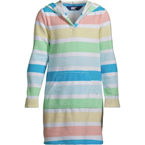 Lands' End Women's Striped V-neck Terry Hooded Swimsuit Cover Up