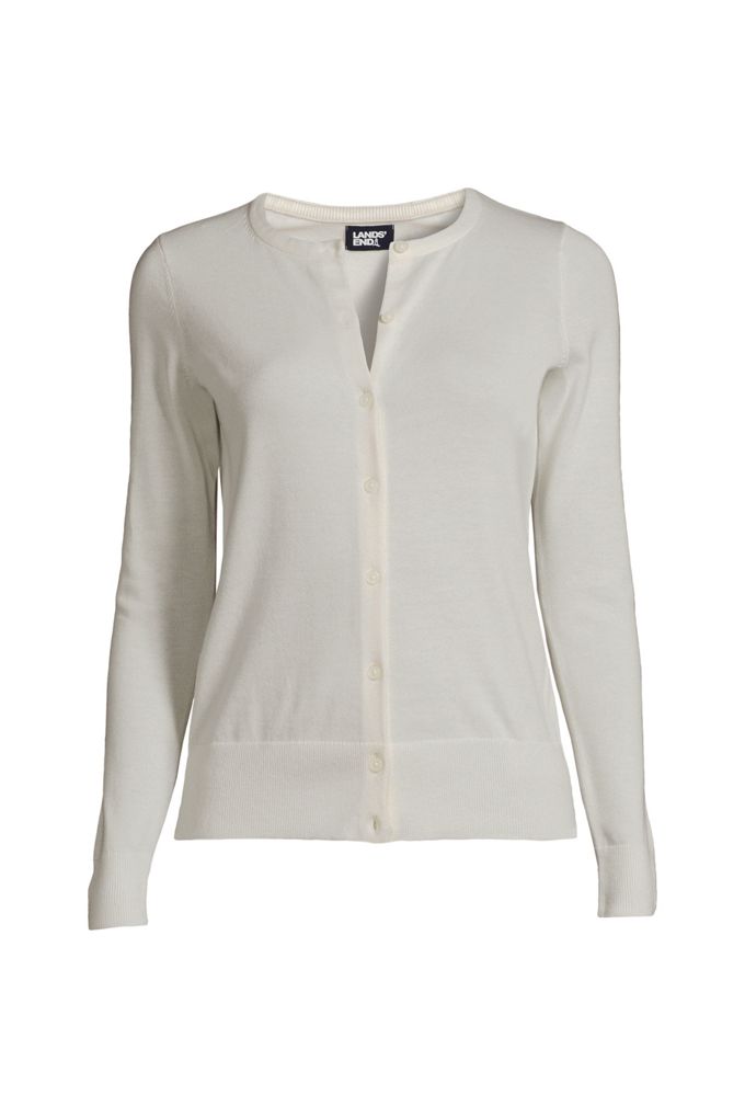 Women's Fine Gauge Cotton Cardigan Sweater - Lands' End - Ivory - S
