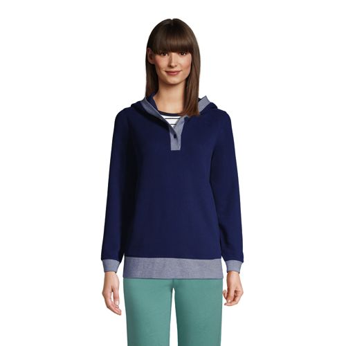 Serious Sweats Button Hoodie, Women, Size: 14-16 Petite, Blue, Cotton-blend, by Lands’ End