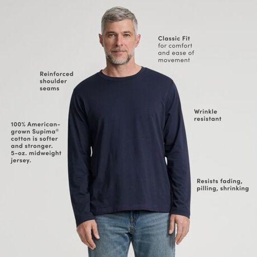 Long Sleeve Supima Crew Neck T-Shirt, Men, size: XL, regular, Blue, Cotton, by Lands' End