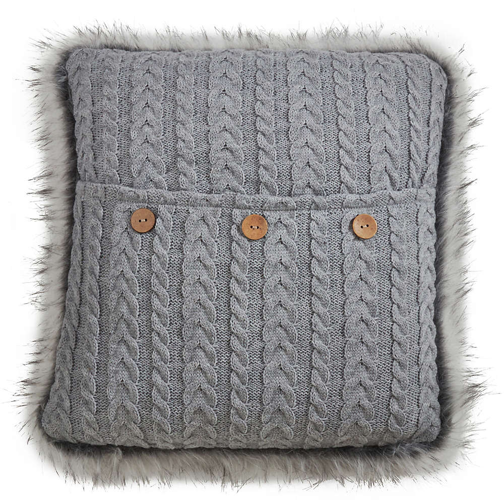 Saro Lifestyle Faux Fur Trim Knit Decorative Throw Pillow, Front