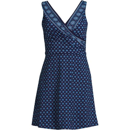 Lands' End Women's Tummy Control Surplice Wrap Swim Dress One Piece Swimsuit,  Navy/White Jacobean Mix, 2 : : Clothing, Shoes & Accessories