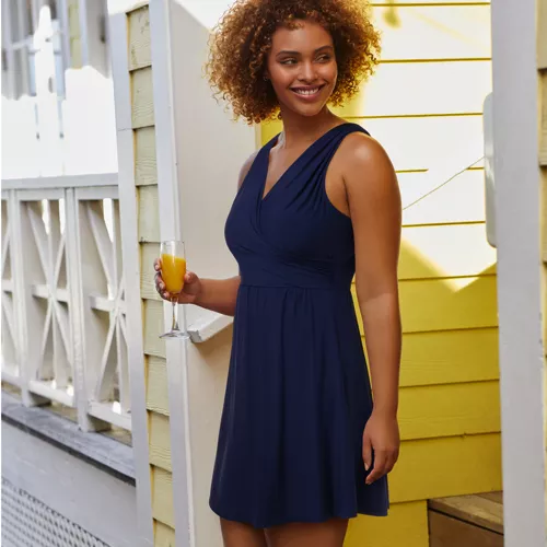 Women's Chlorine Resistant Tummy Control Surplice Wrap Swim Dress One Piece Swimsuit, alternative image