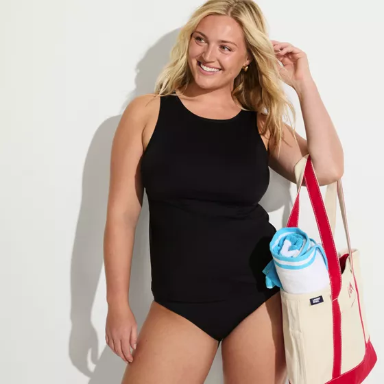 Women's Plus Size Long Torso High Neck UPF 50 Modest Tankini Swimsuit Top 24.5" - primary