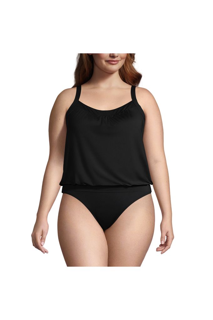 Lands' End Women's Plus Size Chlorine Resistant Blouson Tankini Swimsuit Top In Black