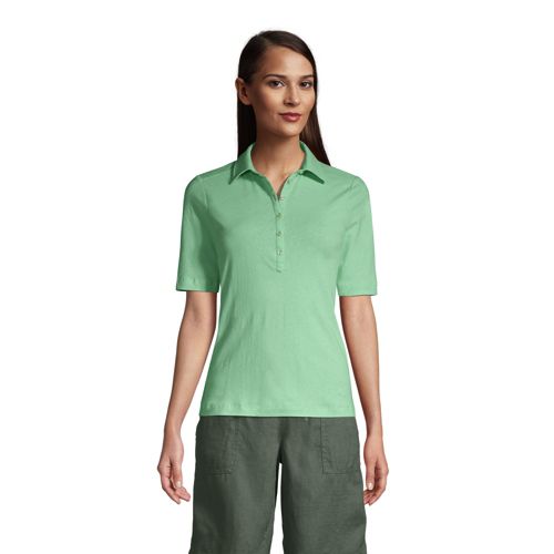 Linen Cotton Blend Polo Shirt, Women, Size: 8 Regular, Green, by Lands’ End
