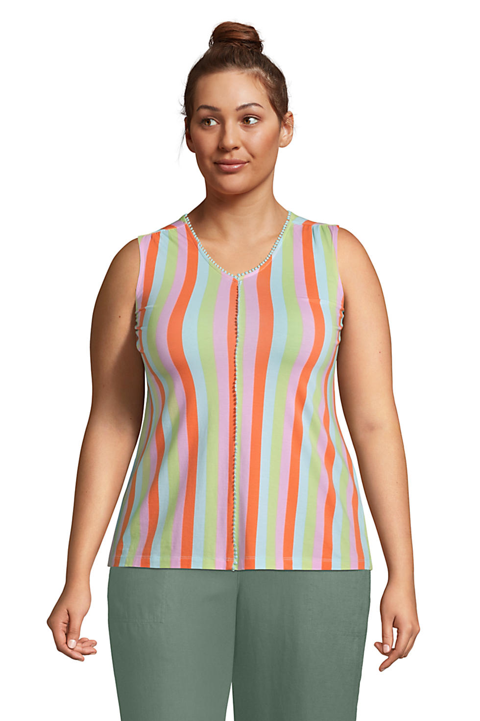 Lands End Women's Plus Size Light Weight Trimmed Tank Top (Papaya Orange Multi Stripes)