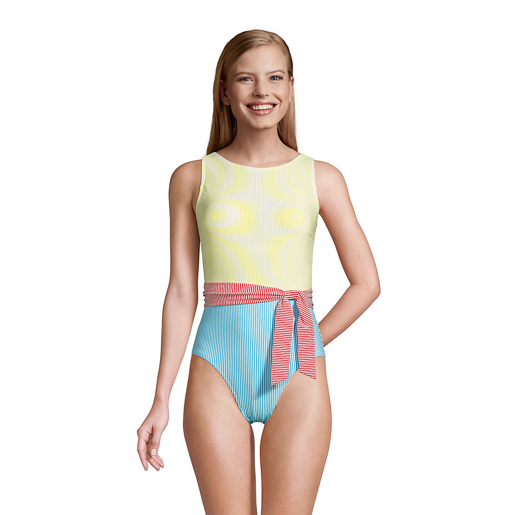 Women's Mastectomy Chlorine Resistant Tummy Control High Neck Belted One  Piece Swimsuit Seersucker