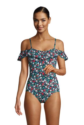 Women's Long Chlorine Resistant Off The Shoulder Ruffle Swimsuit