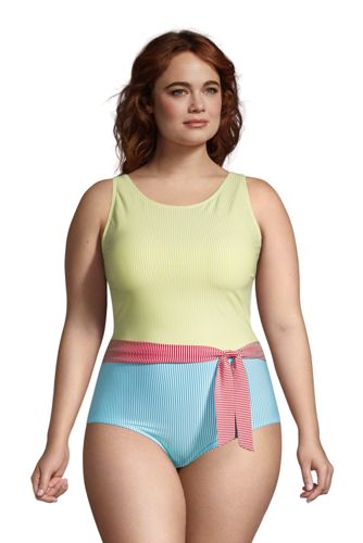 Women's Plus Size Chlorine Resistant Tummy Control High Neck Belted One  Piece Swimsuit Seersucker