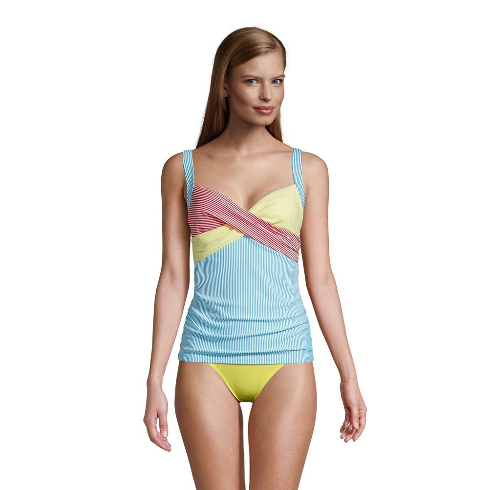 Women's Chlorine Resistant V-neck Wrap Underwire Tankini Top Swimsuit  Adjustable Straps Seersucker
