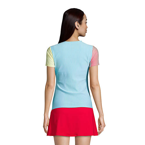 Women's Chlorine Resistant Short Sleeve Modest Tankini Top Swimsuit Built in Soft Cup Bra Seersucker - Secondary