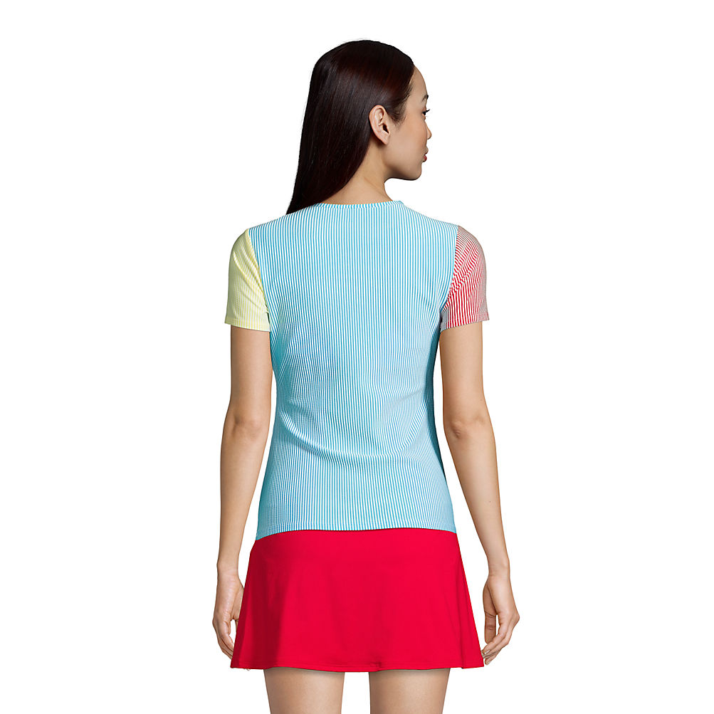Women's Chlorine Resistant Short Sleeve Modest Tankini Top Swimsuit Built  in Soft Cup Bra Seersucker