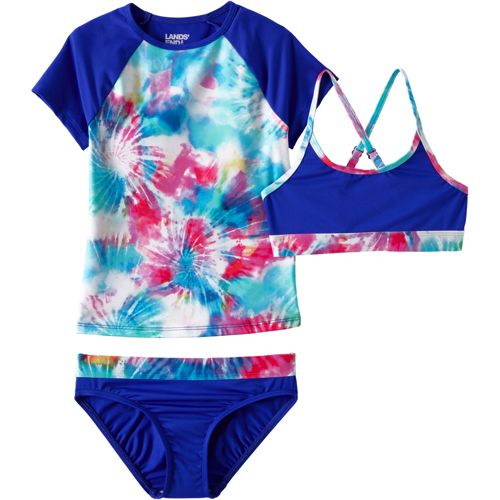 Girls Long Sleeve Rash Guard + Tankini Shorts Set (3 Piece) | Navy Gingham