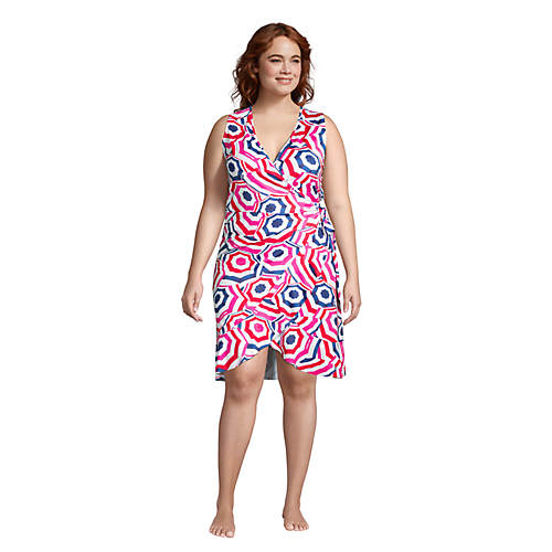 Women's Plus Size Ruffle Hem Sleeveless Swim Cover-up Wrap Dress - Secondary