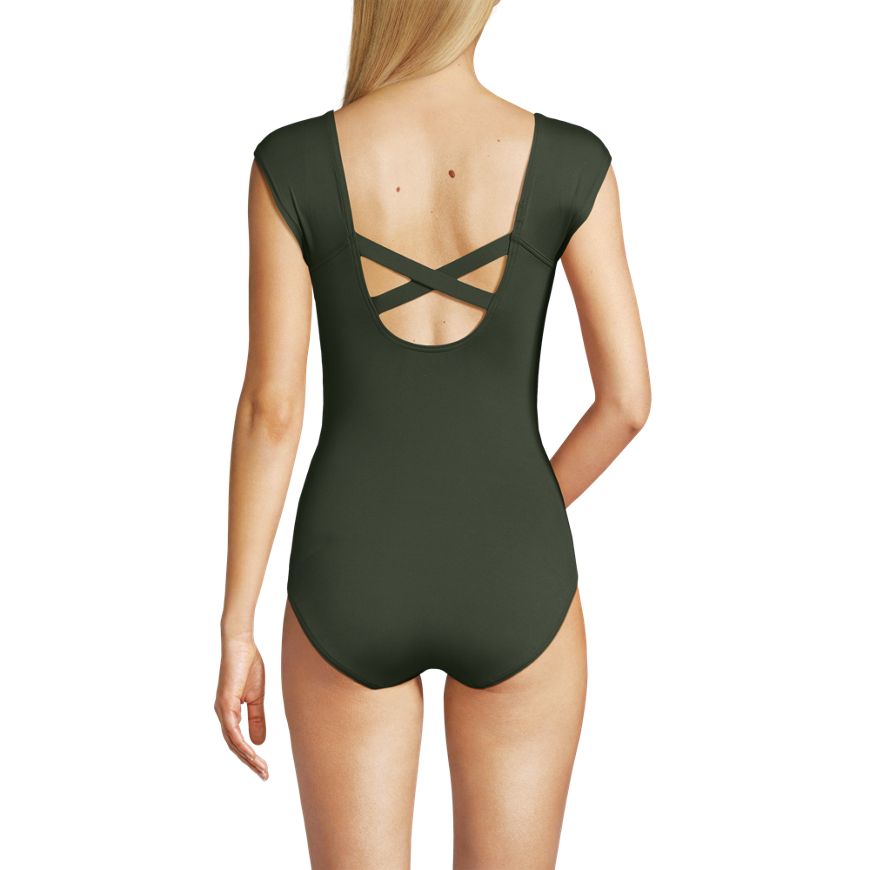 Women's Chlorine Resistant Tummy Control Cap Sleeve X-Back One Piece Swimsuit