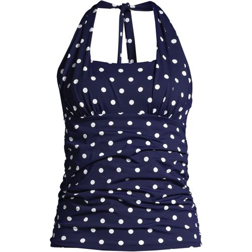 Women's Chlorine Resistant Square Neck Halter Tankini Swimsuit Top, Deep Sea Polka Dot