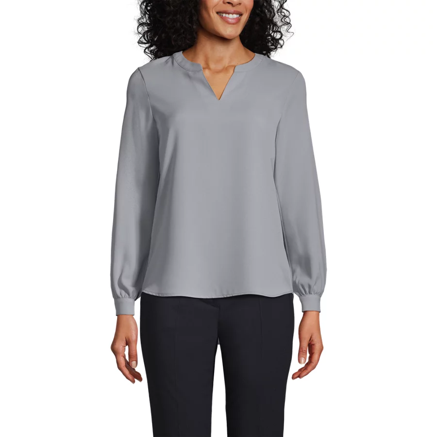 School Uniform Women's Shirred Long Sleeve Split Neck Blouse view 3