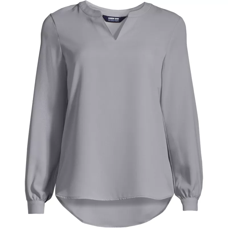 Women's Shirred Long Sleeve Split Neck Blouse, Front