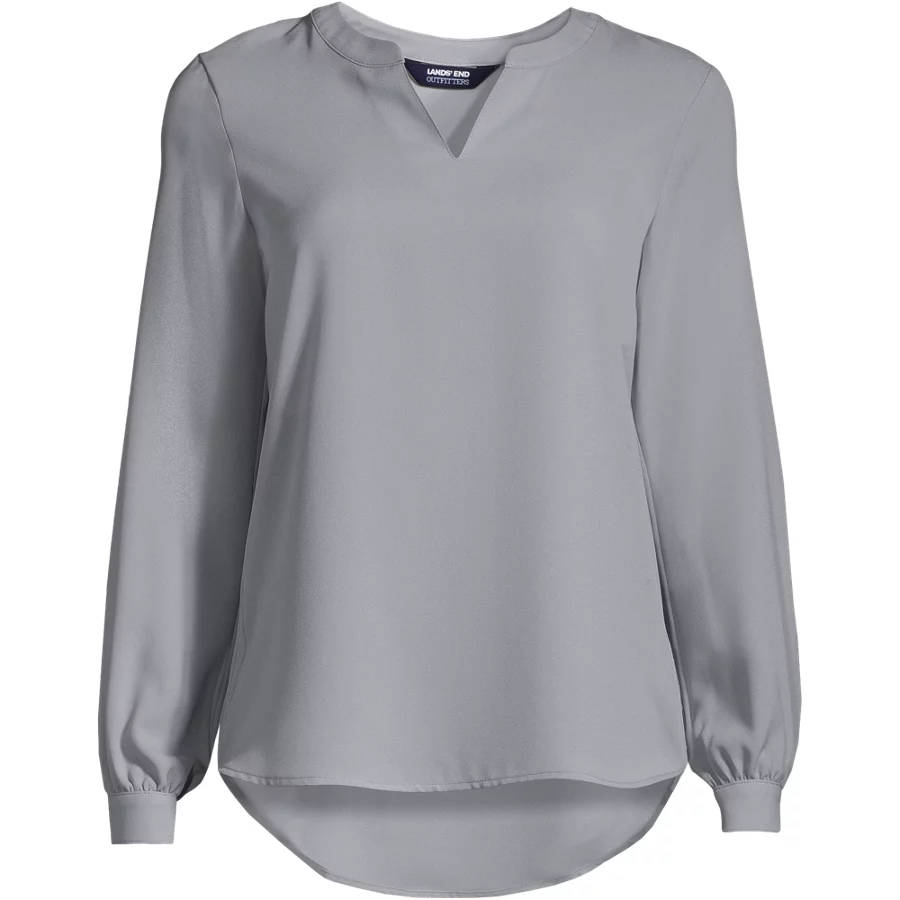 School Uniform Women's Shirred Long Sleeve Split Neck Blouse