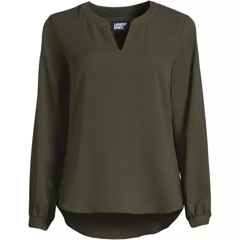 Women's Petite Shirred Long Sleeve Split Neck Blouse, Front