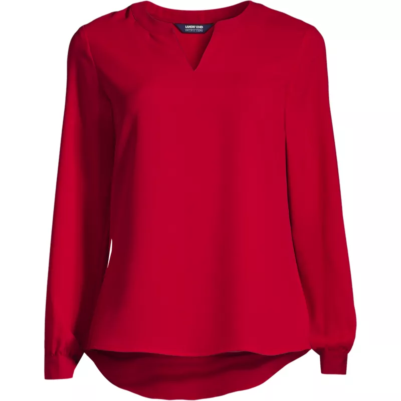 Women's Shirred Long Sleeve Split Neck Blouse, Front