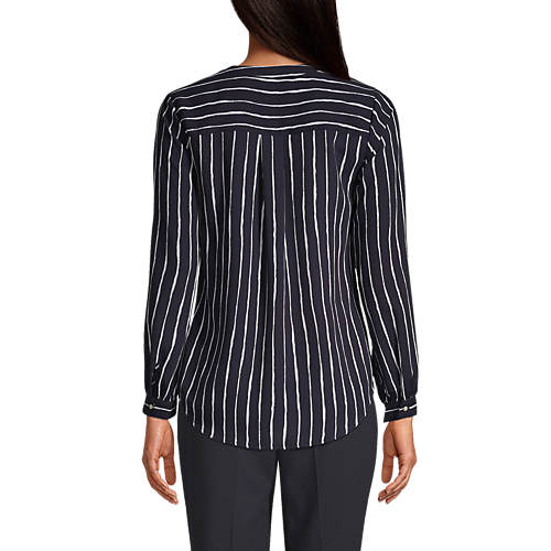 Women's Shirred Long Sleeve Stripe Split Neck Blouse - Secondary