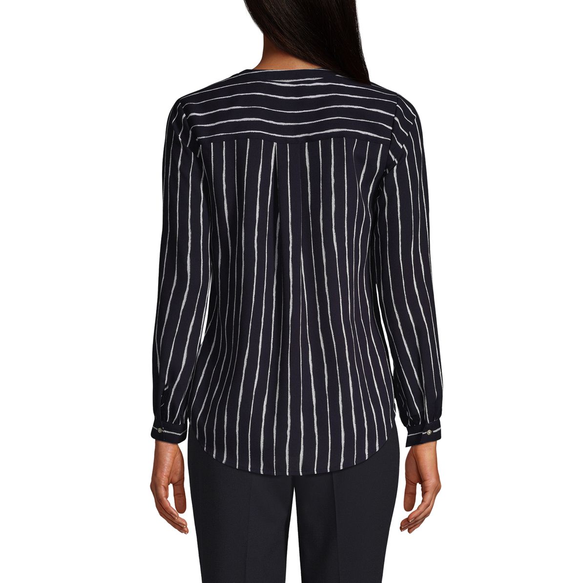 Women's Shirred Long Sleeve Stripe Split Neck Blouse