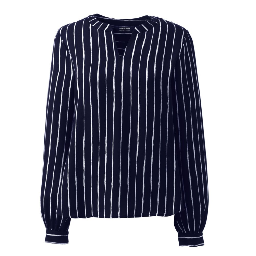 Women's Shirred Long Sleeve Stripe Split Neck Blouse Lands' End