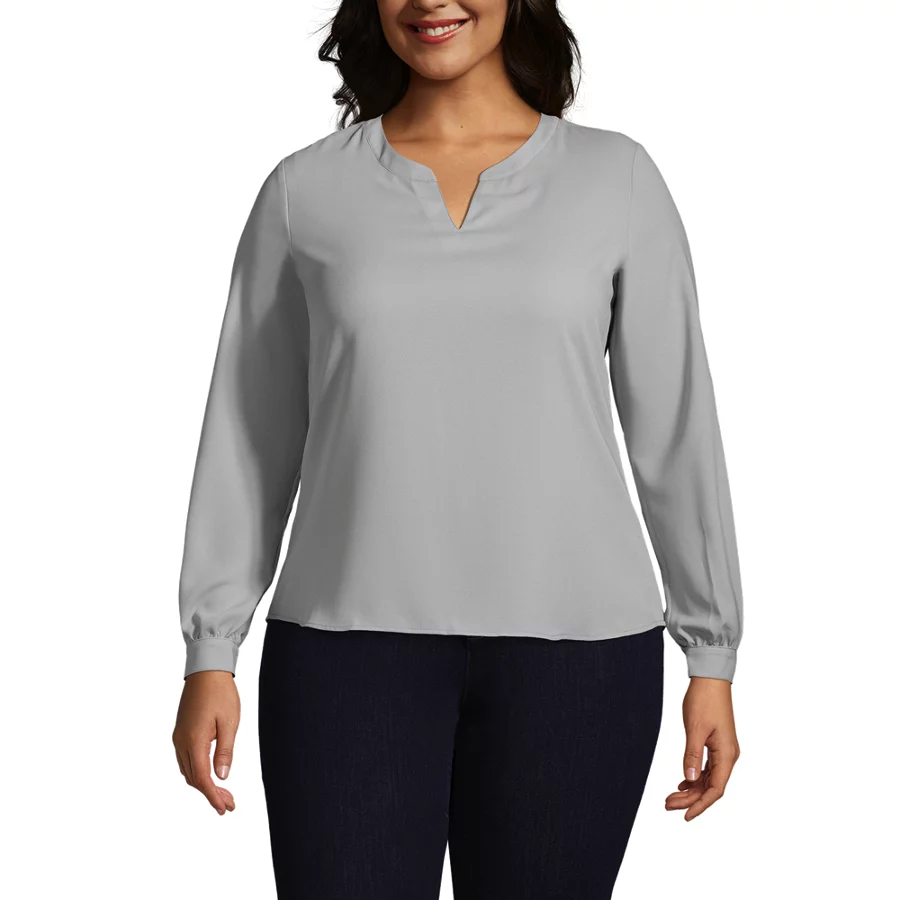 School Uniform Women's Shirred Long Sleeve Split Neck Blouse view 2