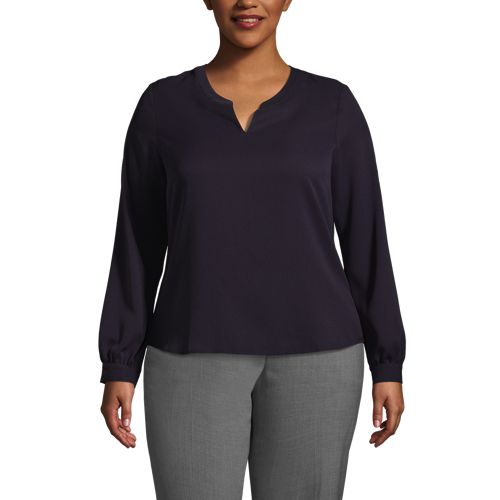 School Uniform Women's Shirred Long Sleeve Split Neck Blouse - image 2