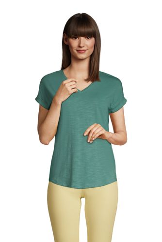 Short Sleeve Cotton Modal Slub V-Neck T-Shirt, Women, Size: 10-12 Regular, Blue, by Lands’ End