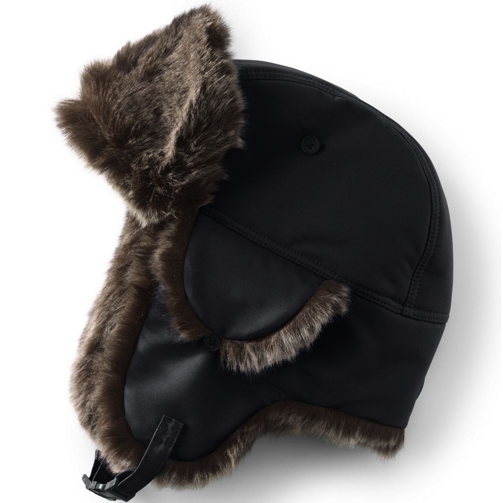 Women's Black Taslon Faux Fur Trapper Hat