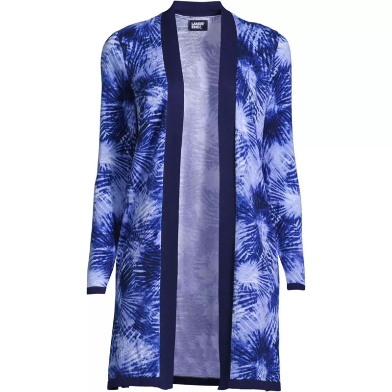 Women's Fine Gauge Cotton Long Open Cardigan Sweater - Print, Front