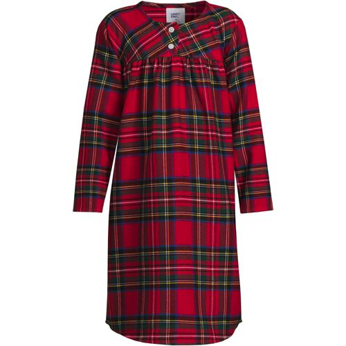 Women's Cotton Plaid Flannel Nightgown Long Sleeves Pleated Gown with  Pockets