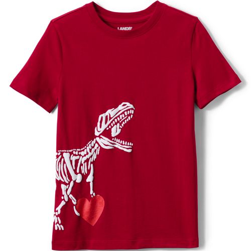Red T-shirt with a white dinosaur skeleton holding red heart.