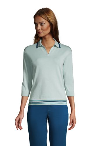 Women's Three Quarter Sleeve Fine Gauge Knit Cotton Polo Shirt