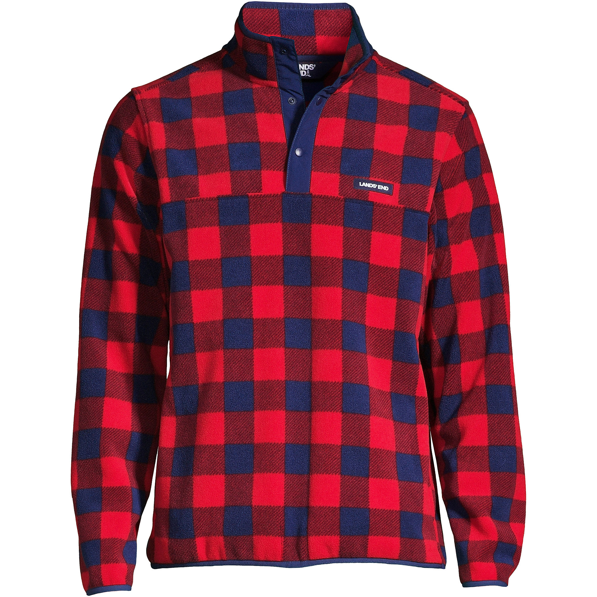 Lands End Men's Heritage Fleece Snap Neck Pullover (various size in Rich Red/Navy Buffalo Check)